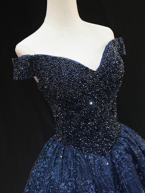 Gothic Navy Blue Off-Shoulder Ball Gown Wedding Dress - Sequin Wedding Dress - Strapless Glitter Dress Plus Size